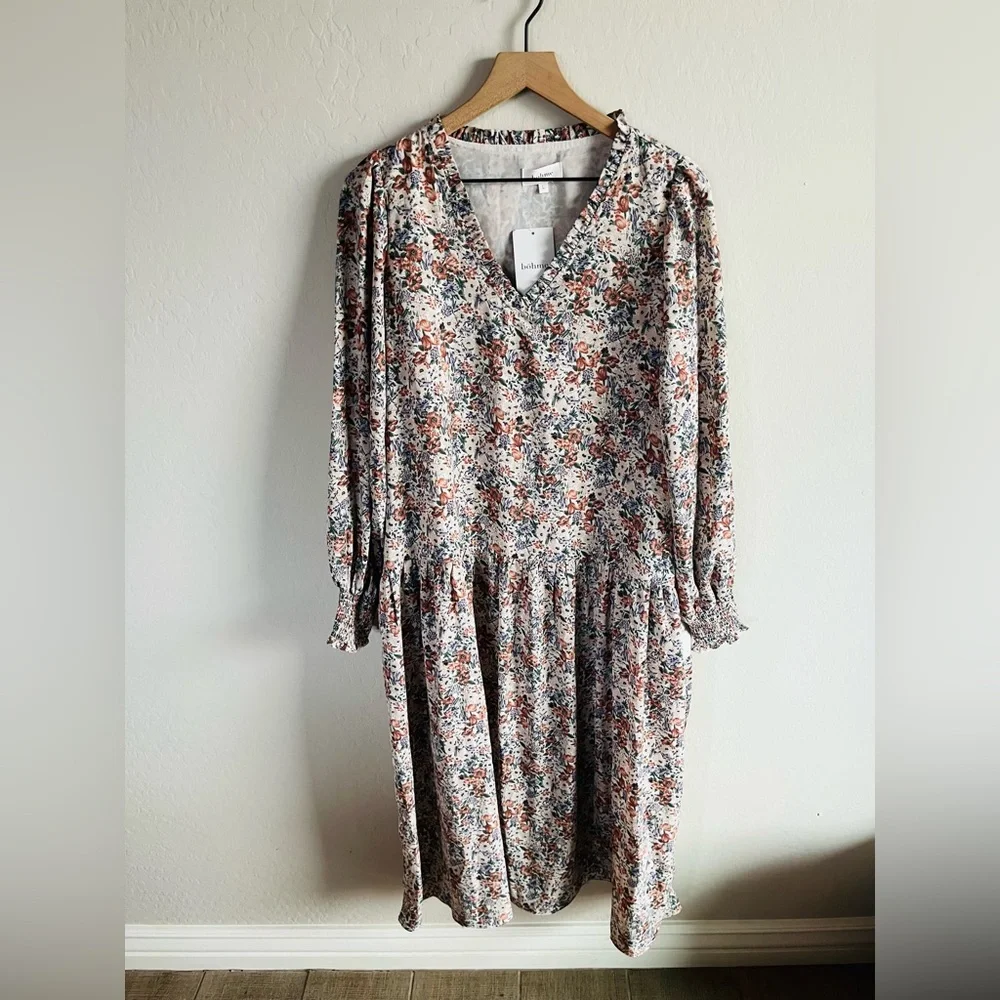 Bohme Women’s Floral Womens Midi Dress Size L NWT Boho Neutral Cottagecore - Picture 1 of 3